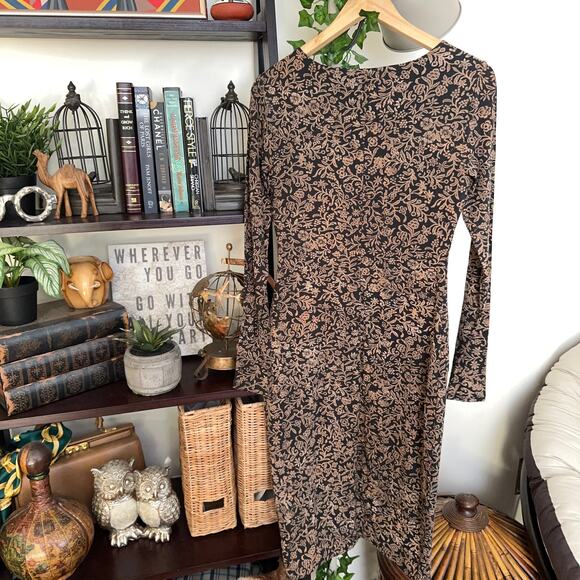 PERUVIAN CONNECTION Damask Print Long Sleeve Scoop Neck Dress Tan Black {F6} - Picture 4 of 5